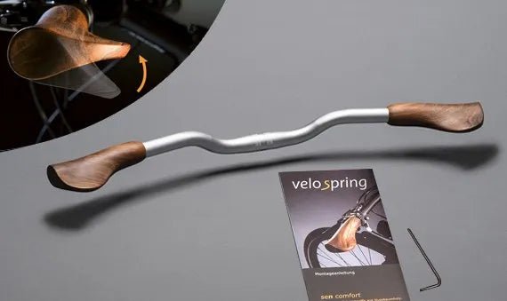 Velospring ergonomische Fahrradgriffe, gefederte Fahrradgriffe, Fahrradgriffe aus Holz, Lenker vormontiert