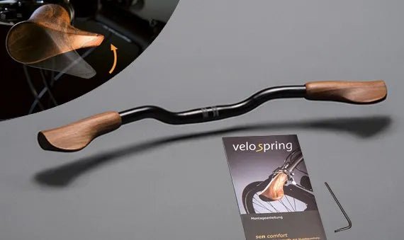 Velospring ergonomische Fahrradgriffe, gefederte Fahrradgriffe, Fahrradgriffe aus Holz, Lenker vormontiert